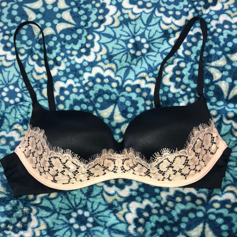 VS Black Satin and Gold Lace Balconette Push Up